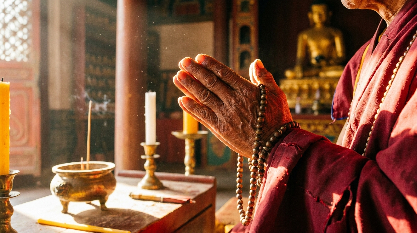 Buddhist master's hands in prayer position blessing spiritual jewelry and energy bracelets