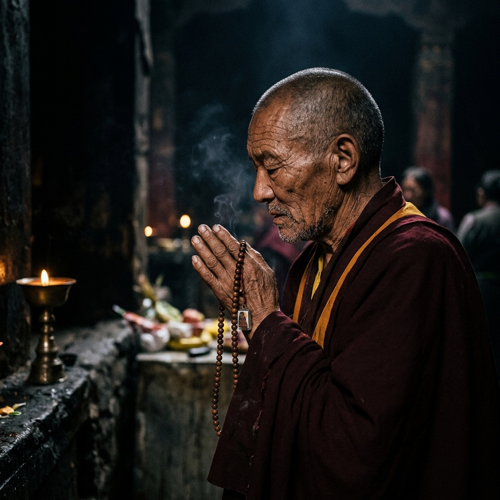Buddhist master performing blessing ceremony at Wutai Mountain Temple — consecrating spiritual jewelry with sacred mantras